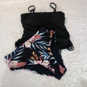 Cupshe Womens Tankini Set Black Ribbed Top Floral High Waist Bottom Large NWT